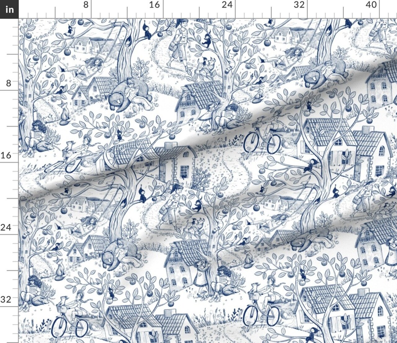 Playground Forest Nursery House Trees Play Magical Bear Country Toile De Jouy Fantasy Custom Printed Fabric by Spoonflower Various Fabrics by the Yard or Fat Quarter